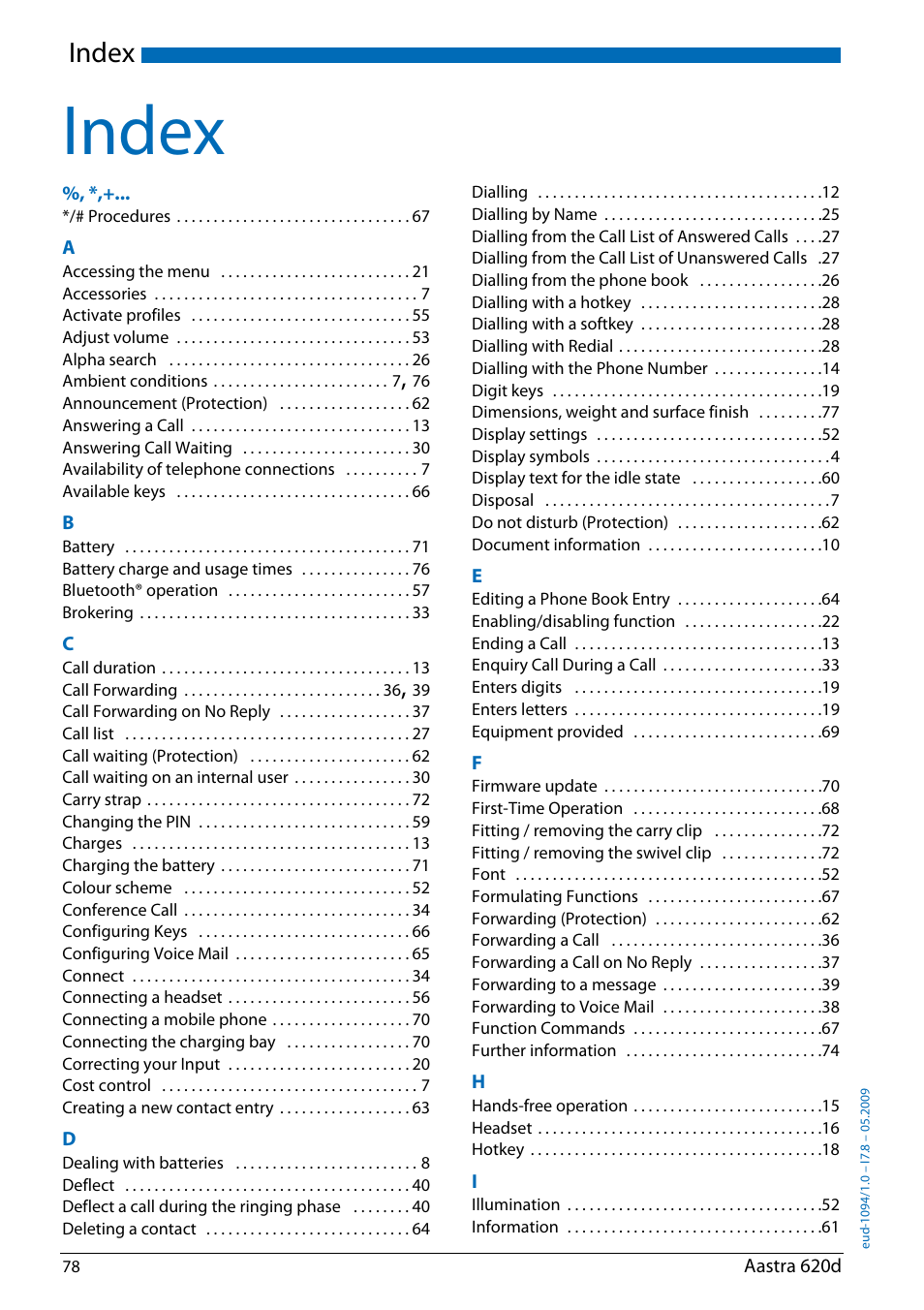 Index | AASTRA 620d for Aastra IntelliGate User Guide EN User Manual | Page 78 / 81