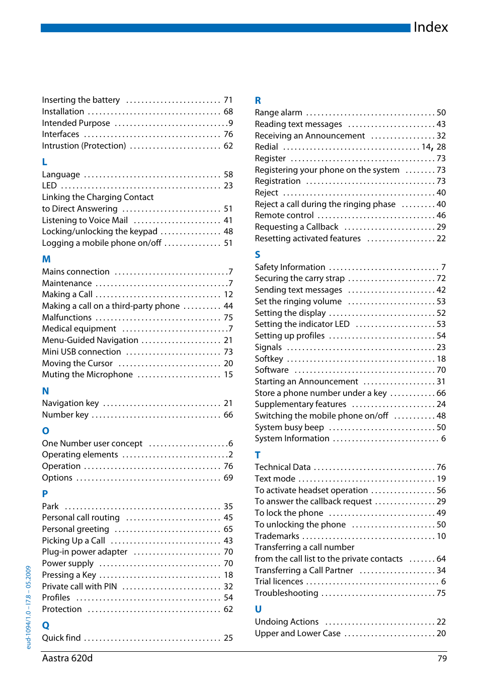 Index | AASTRA 620d for Aastra IntelliGate User Guide EN User Manual | Page 79 / 81