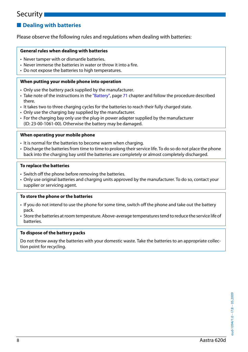 Dealing with batteries, Security | AASTRA 620d for Aastra IntelliGate User Guide EN User Manual | Page 8 / 81