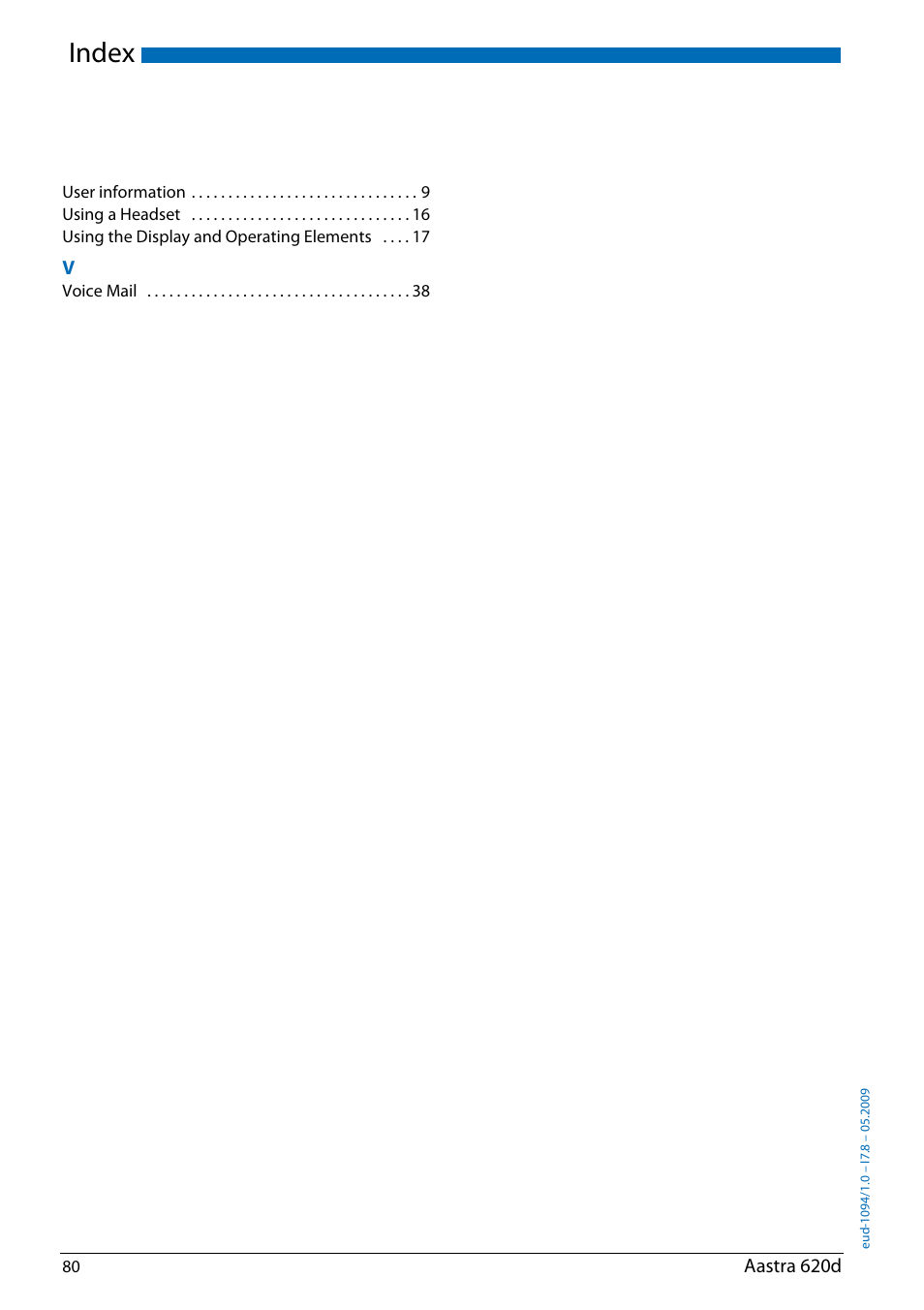 Index | AASTRA 620d for Aastra IntelliGate User Guide EN User Manual | Page 80 / 81