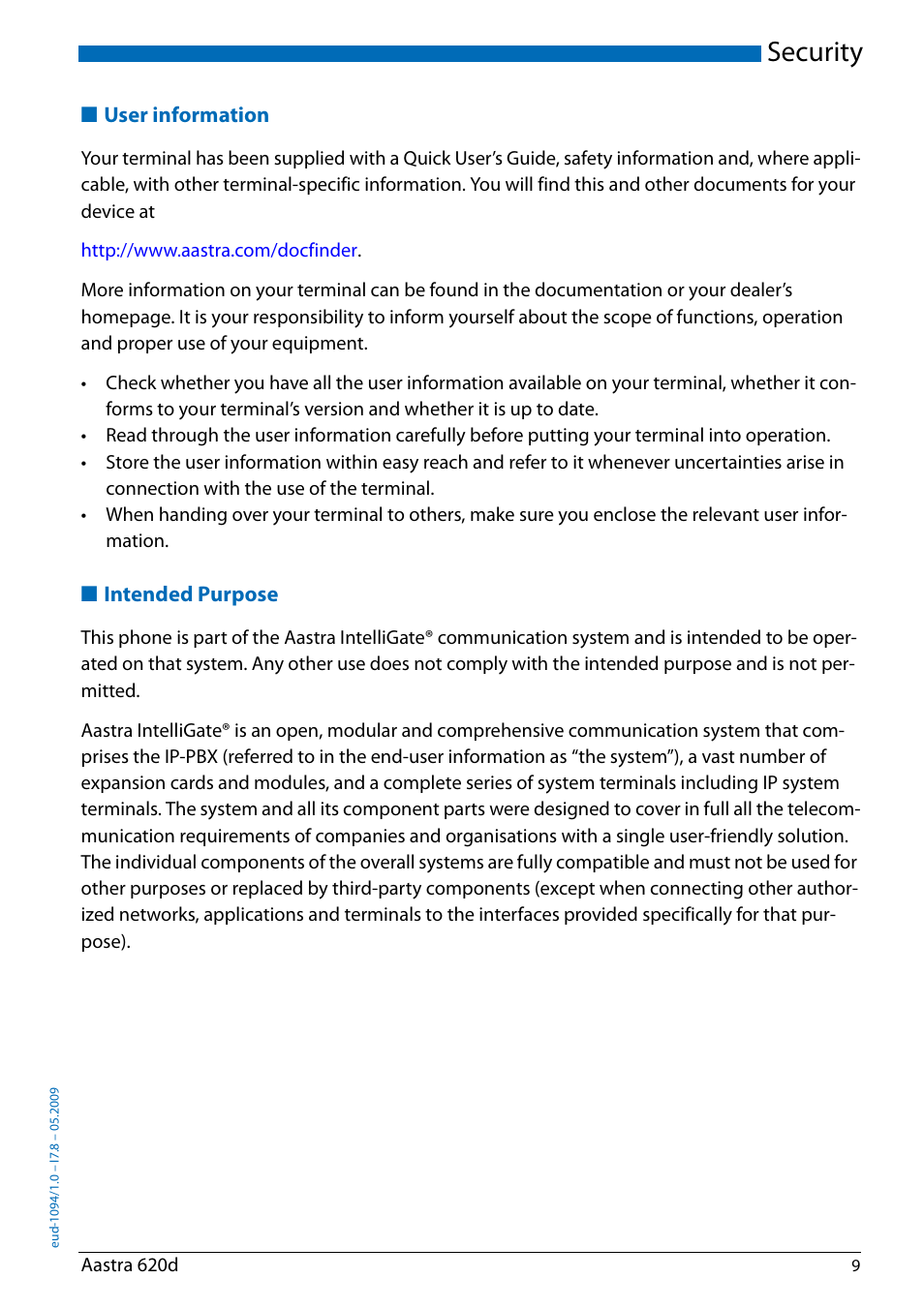 User information, Intended purpose, Security | AASTRA 620d for Aastra IntelliGate User Guide EN User Manual | Page 9 / 81
