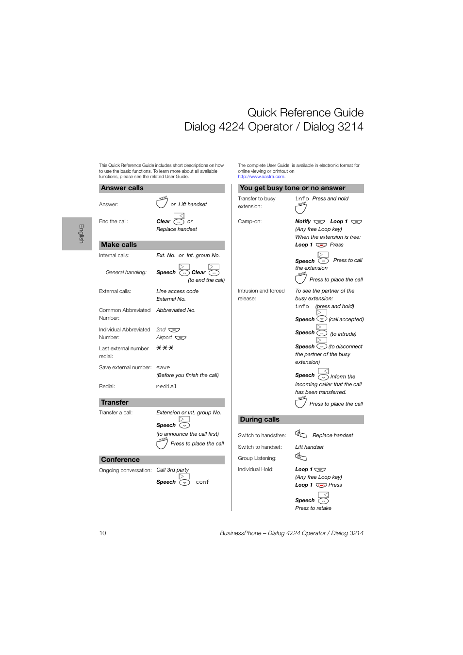 AASTRA 4224 Operator for BusinessPhone Quick Reference Guide User Manual | Page 10 / 40