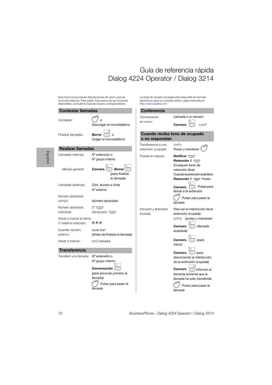 AASTRA 4224 Operator for BusinessPhone Quick Reference Guide User Manual | Page 12 / 40