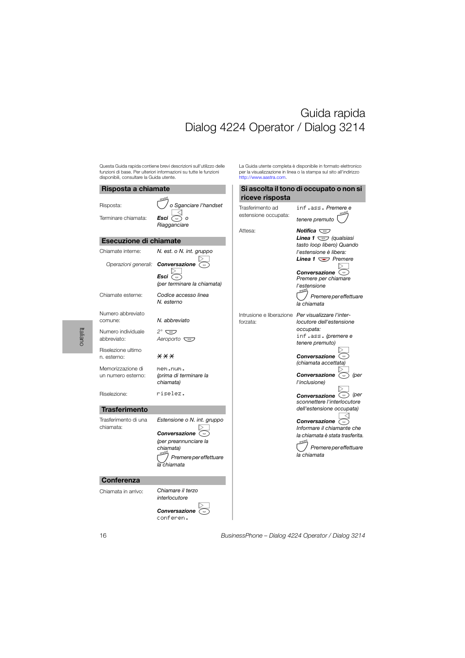 Guida rapida dialog4224operator/dialog3214 | AASTRA 4224 Operator for BusinessPhone Quick Reference Guide User Manual | Page 16 / 40