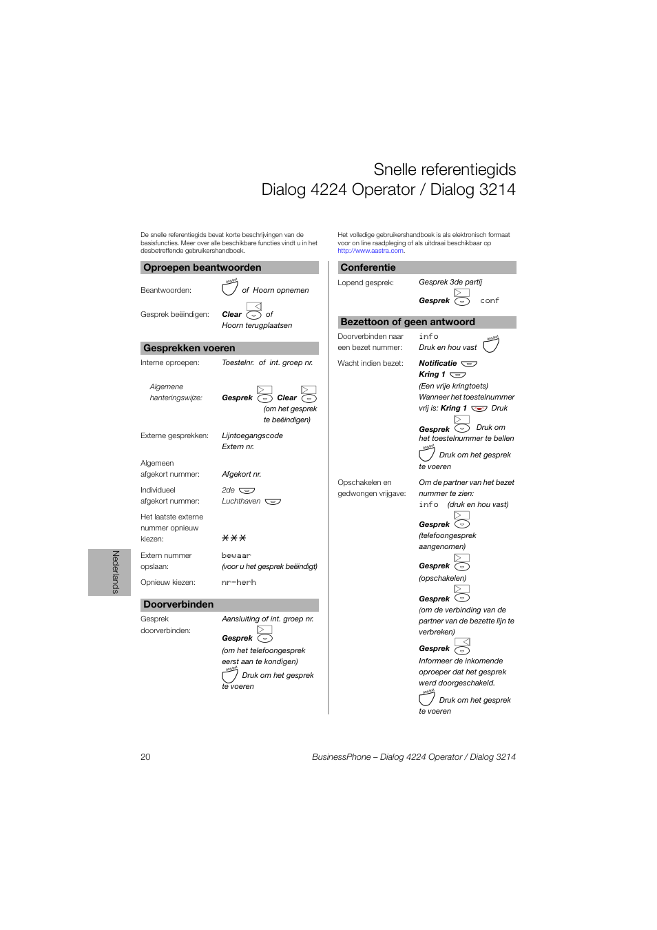 AASTRA 4224 Operator for BusinessPhone Quick Reference Guide User Manual | Page 20 / 40