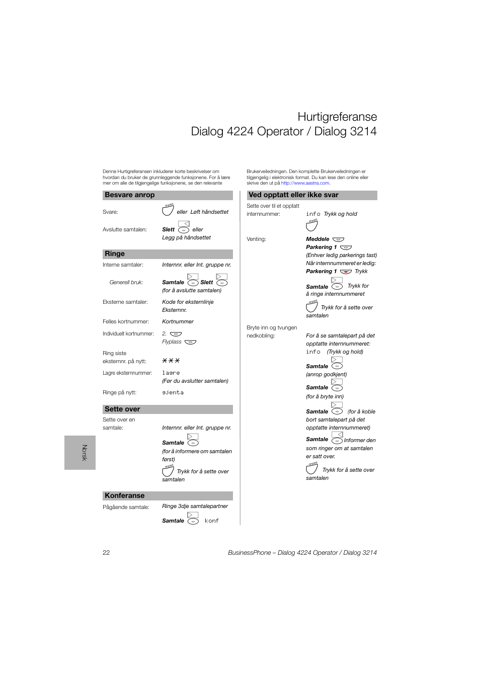 Hurtigreferanse dialog4224operator/dialog3214 | AASTRA 4224 Operator for BusinessPhone Quick Reference Guide User Manual | Page 22 / 40