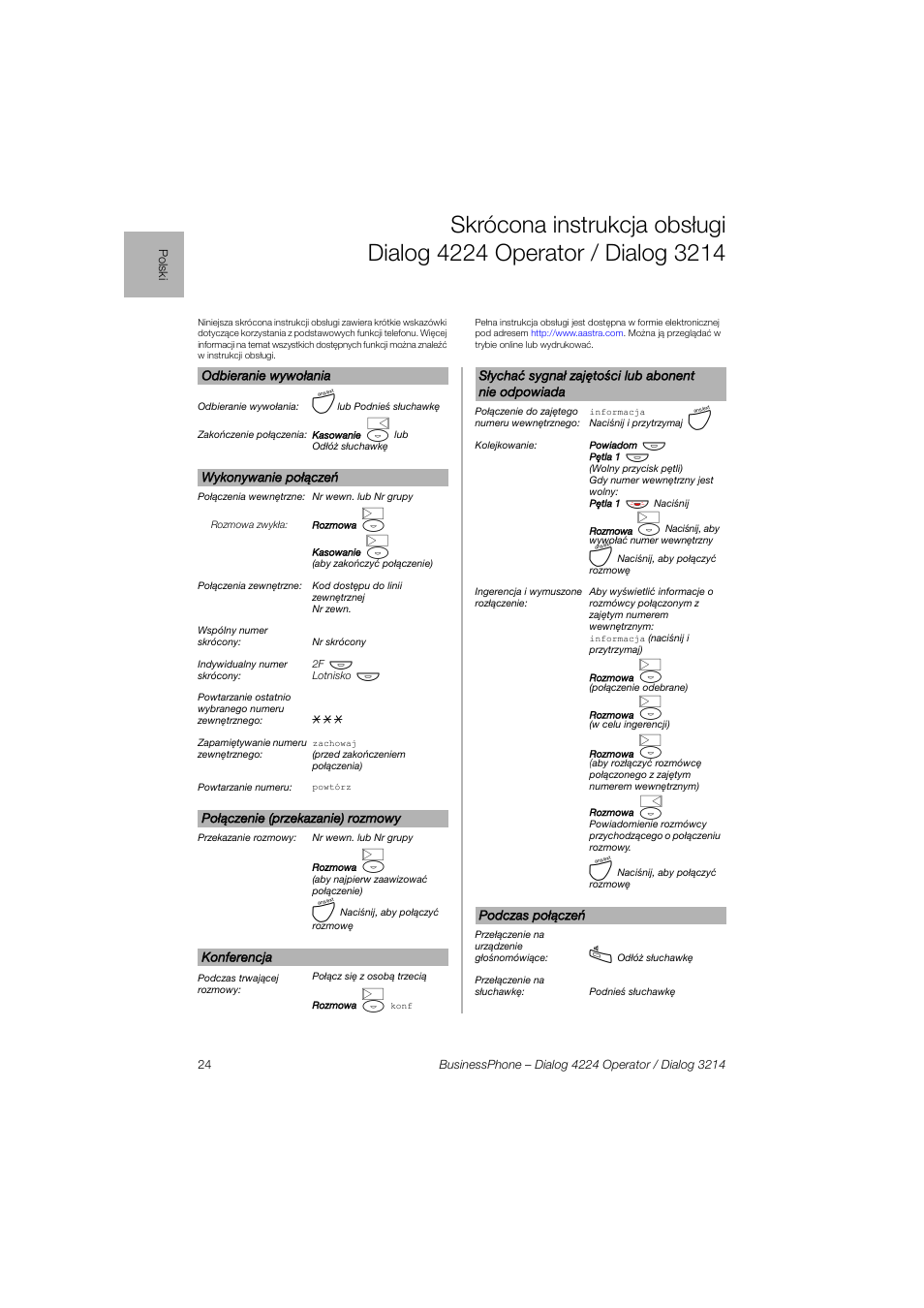 AASTRA 4224 Operator for BusinessPhone Quick Reference Guide User Manual | Page 24 / 40