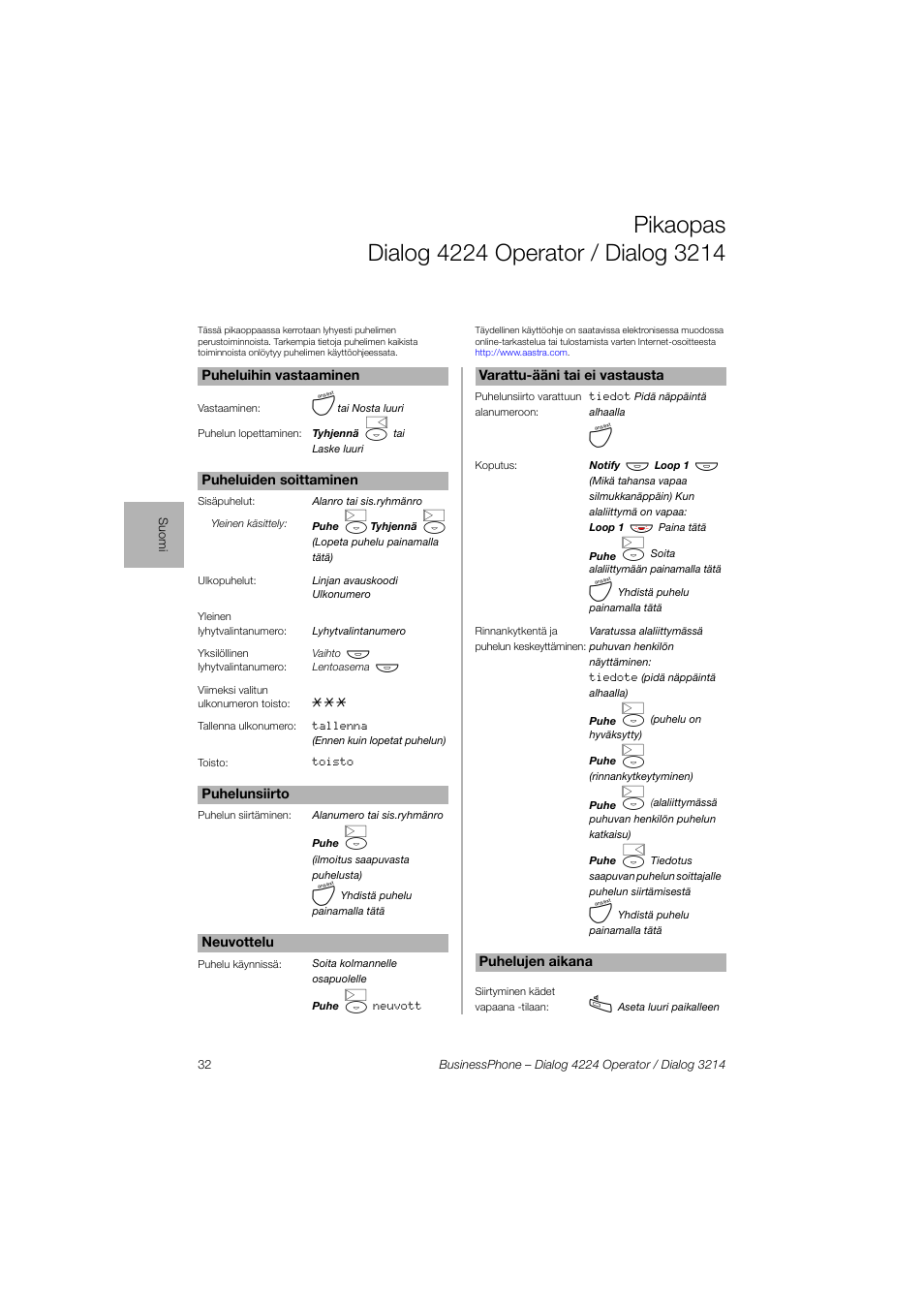 Pikaopas dialog4224operator/dialog3214 | AASTRA 4224 Operator for BusinessPhone Quick Reference Guide User Manual | Page 32 / 40