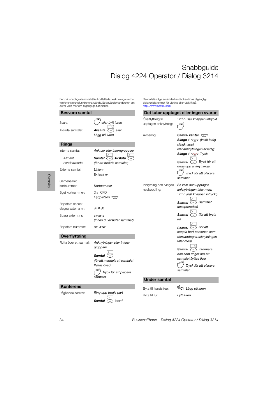 Snabbguide dialog4224operator/dialog3214 | AASTRA 4224 Operator for BusinessPhone Quick Reference Guide User Manual | Page 34 / 40