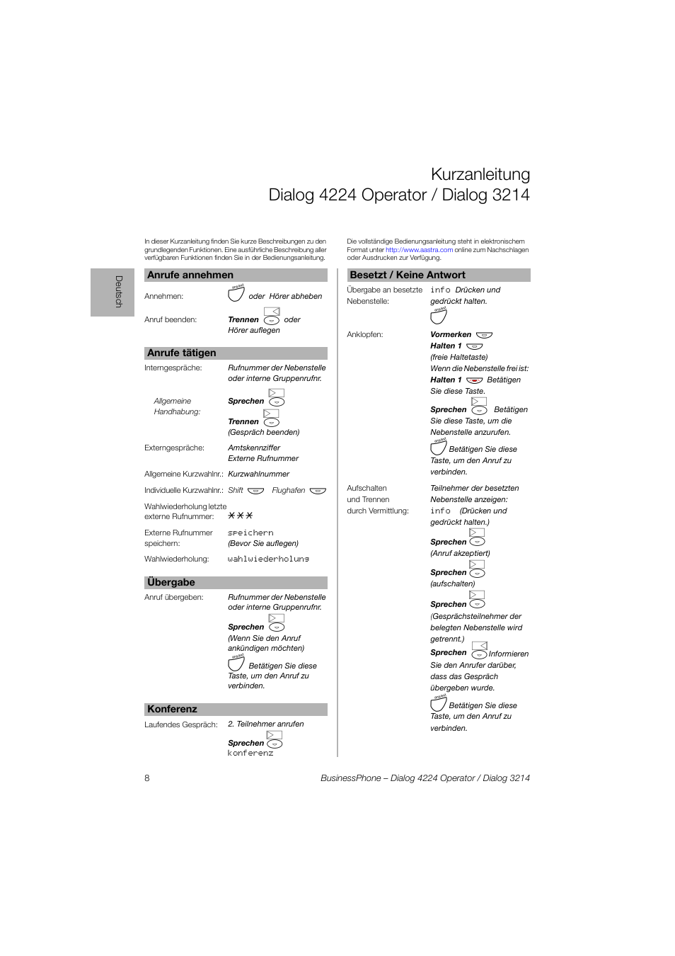 Kurzanleitung dialog4224operator/dialog3214 | AASTRA 4224 Operator for BusinessPhone Quick Reference Guide User Manual | Page 8 / 40