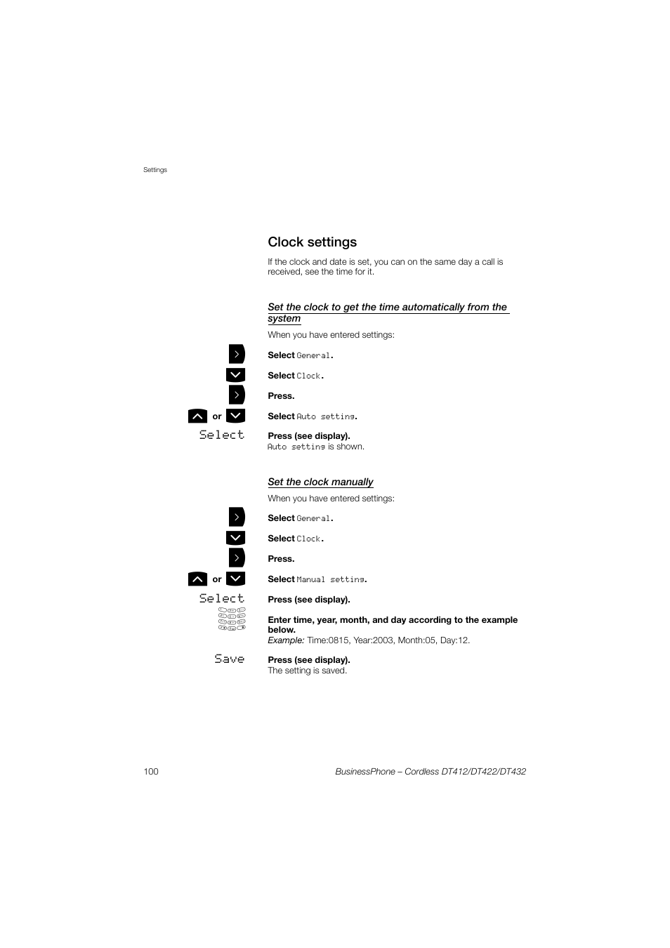 Clock settings, Set the clock manually, Clock | Settings | AASTRA DT4x2 for BusinessPhone User Guide EN User Manual | Page 100 / 130