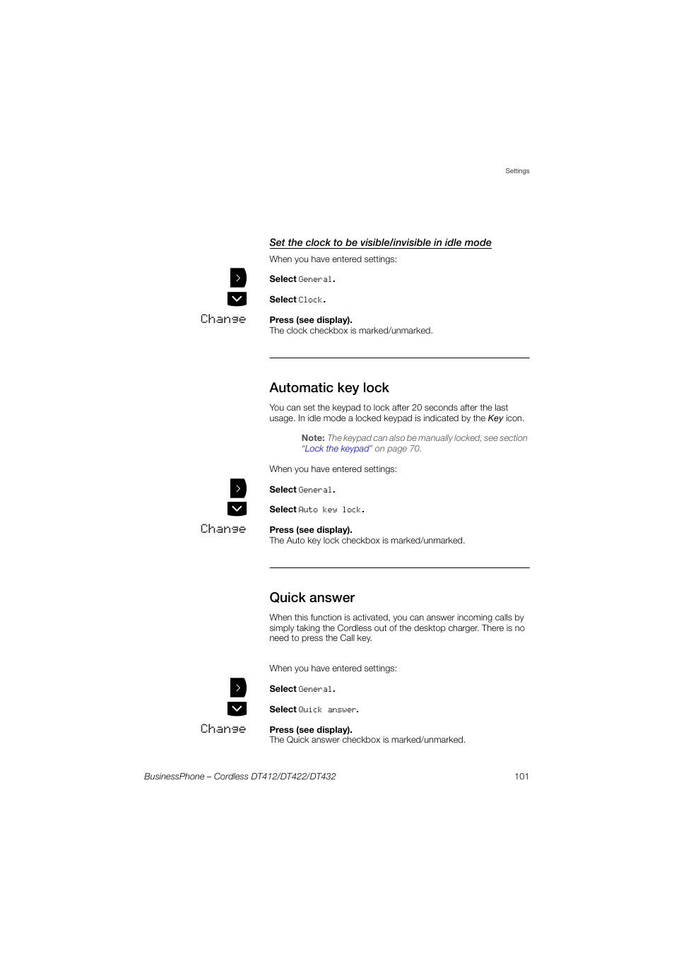 Set the clock to be visible/invisible in idle mode, Automatic key lock, Quick answer | Section, Automatic key, Lock | AASTRA DT4x2 for BusinessPhone User Guide EN User Manual | Page 101 / 130