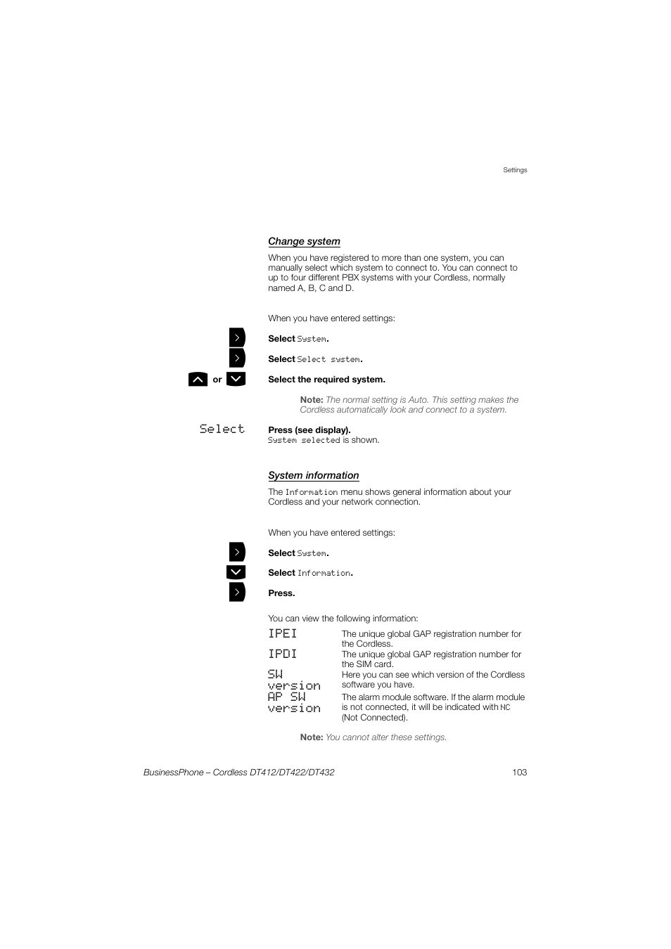 Change system, System information | AASTRA DT4x2 for BusinessPhone User Guide EN User Manual | Page 103 / 130