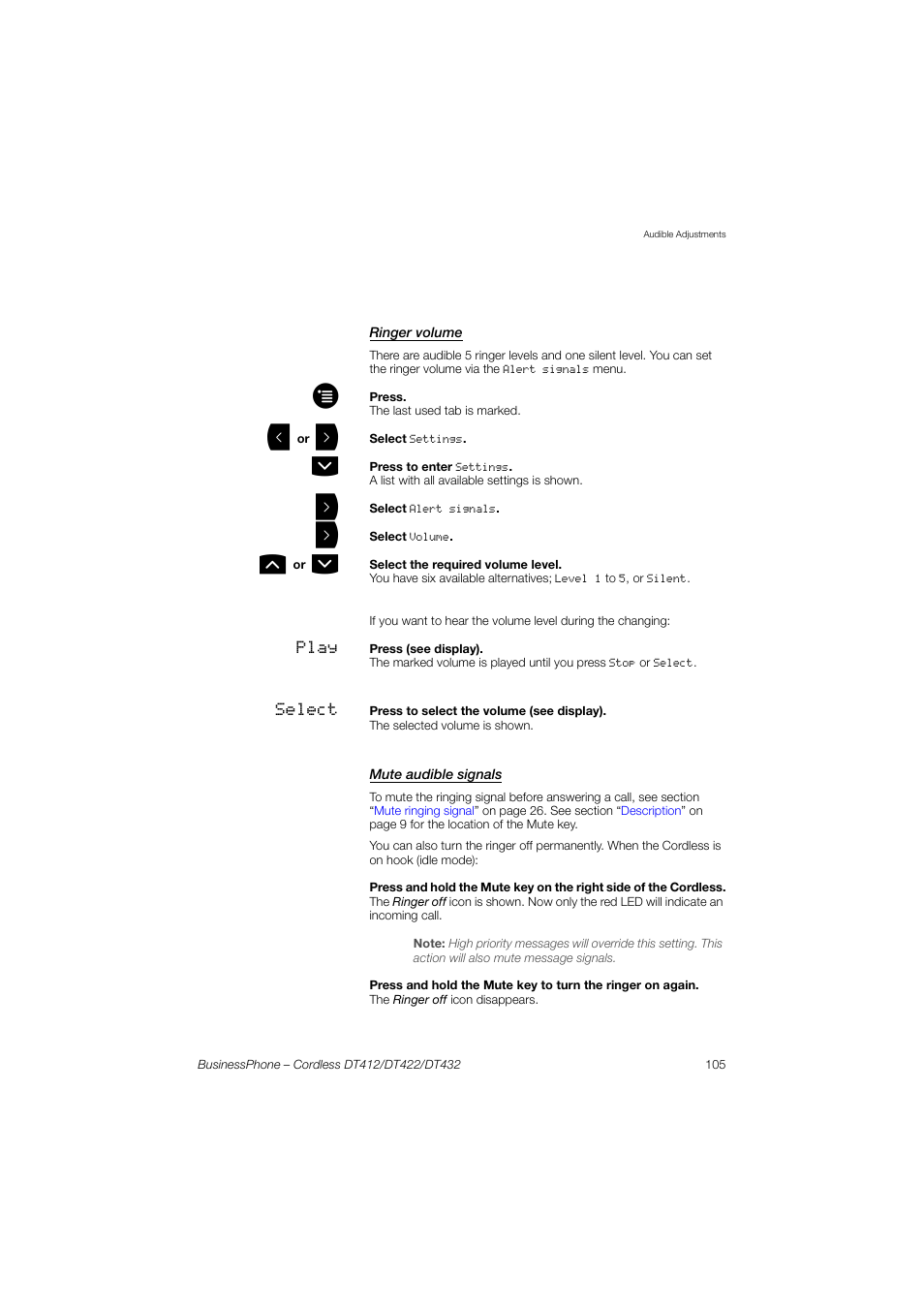 Ringer volume, Mute audible signals | AASTRA DT4x2 for BusinessPhone User Guide EN User Manual | Page 105 / 130