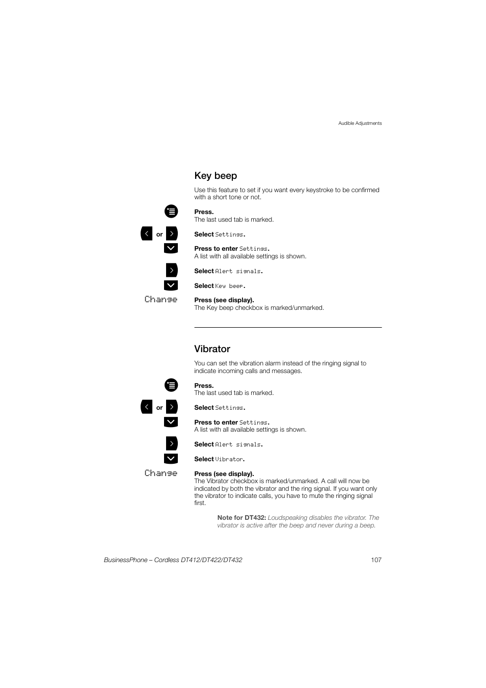Key beep, Vibrator | AASTRA DT4x2 for BusinessPhone User Guide EN User Manual | Page 107 / 130