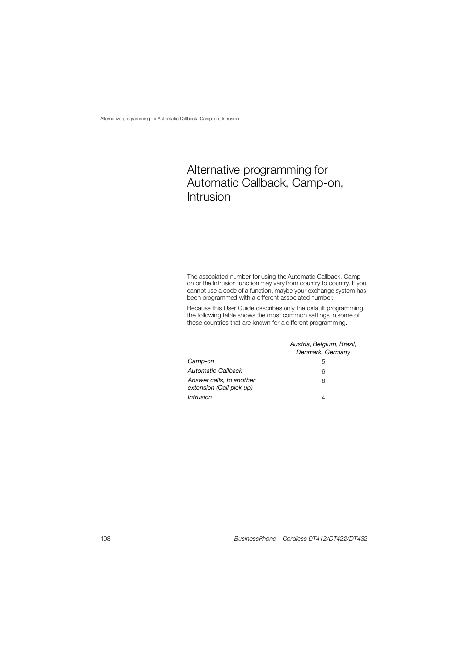 Alternative programming for, Automatic callback, camp-on, intrusion, See table | Alternative programming for automatic, Callback, camp-on, intrusion | AASTRA DT4x2 for BusinessPhone User Guide EN User Manual | Page 108 / 130