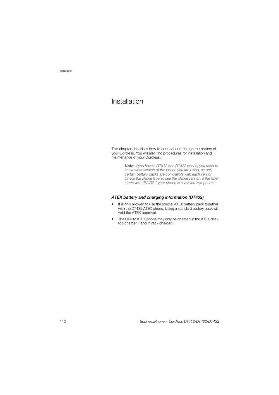 Installation, Atex battery and charging information (dt432) | AASTRA DT4x2 for BusinessPhone User Guide EN User Manual | Page 110 / 130
