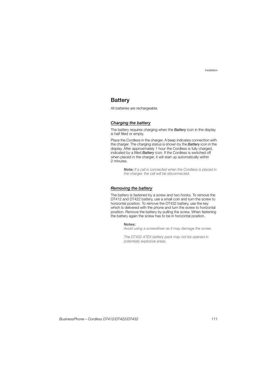 Battery, Charging the battery, Removing the battery | AASTRA DT4x2 for BusinessPhone User Guide EN User Manual | Page 111 / 130