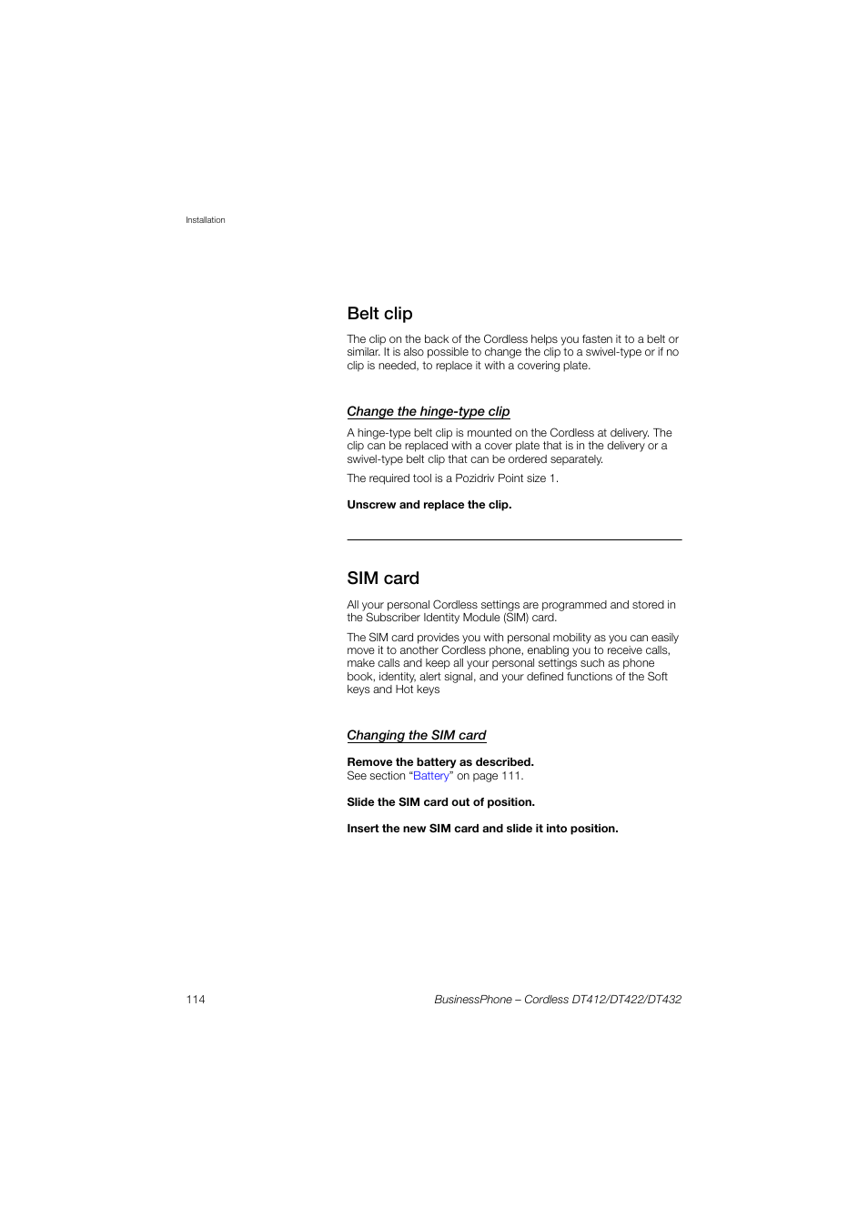 Belt clip, Change the hinge-type clip, Sim card | Changing the sim card | AASTRA DT4x2 for BusinessPhone User Guide EN User Manual | Page 114 / 130