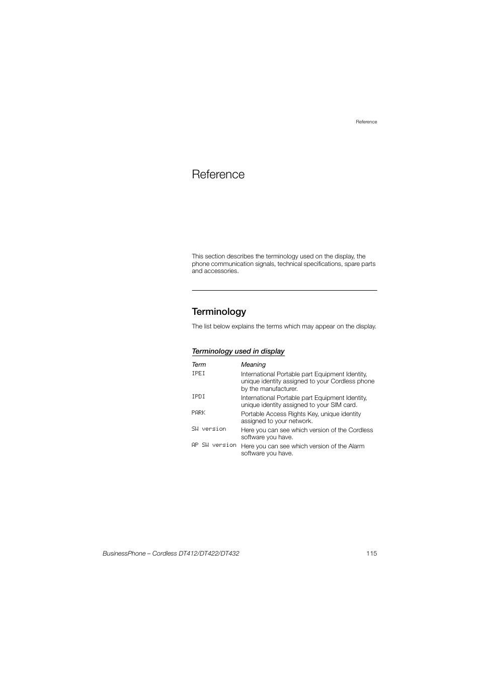 Reference, Terminology, Terminology used in display | AASTRA DT4x2 for BusinessPhone User Guide EN User Manual | Page 115 / 130
