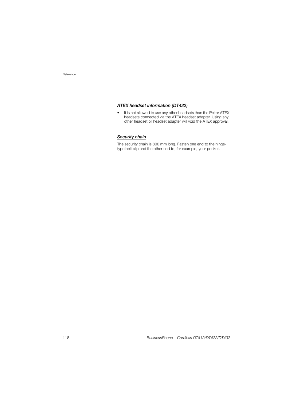 Atex headset information (dt432), Security chain | AASTRA DT4x2 for BusinessPhone User Guide EN User Manual | Page 118 / 130