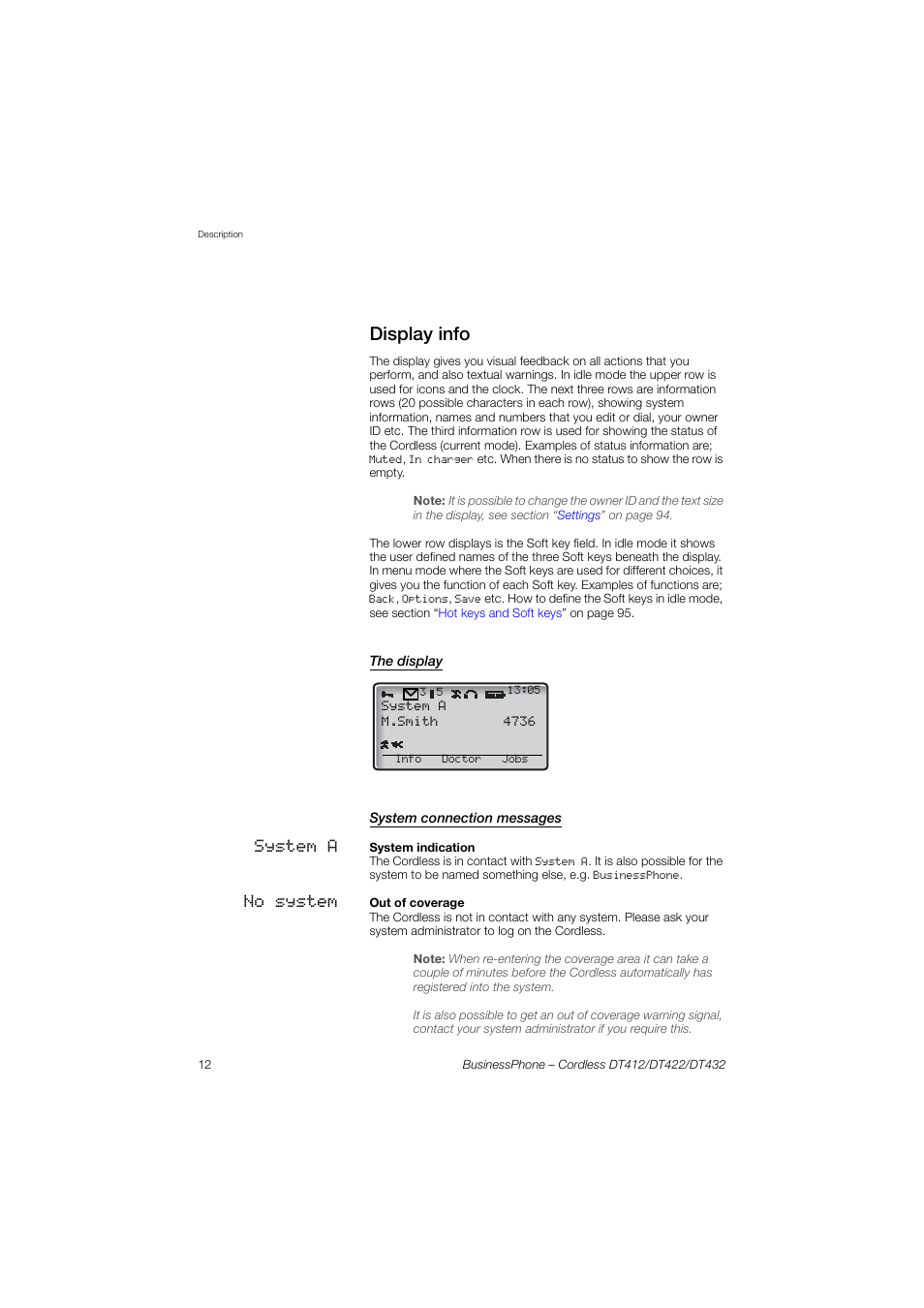 Display info, The display, System connection messages | Ions, Sections | AASTRA DT4x2 for BusinessPhone User Guide EN User Manual | Page 12 / 130