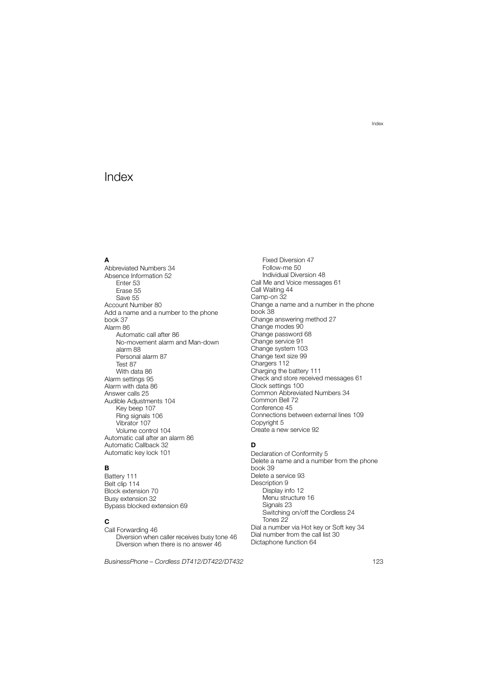 Index | AASTRA DT4x2 for BusinessPhone User Guide EN User Manual | Page 123 / 130