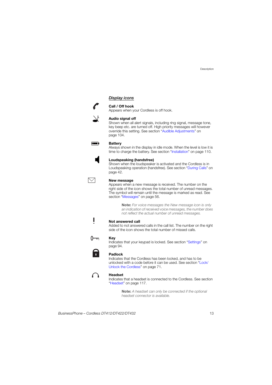 Display icons | AASTRA DT4x2 for BusinessPhone User Guide EN User Manual | Page 13 / 130