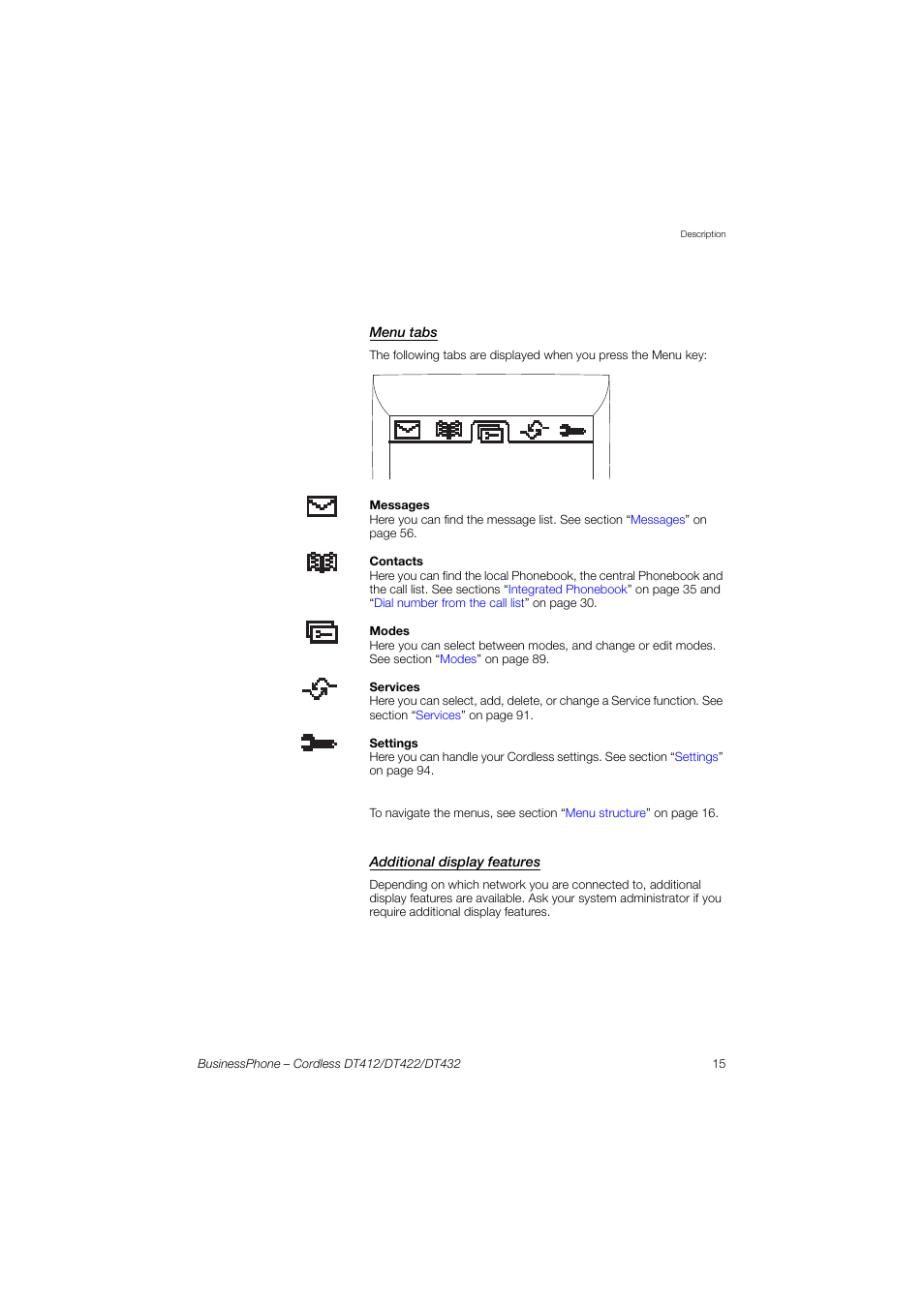 Menu tabs, Additional display features | AASTRA DT4x2 for BusinessPhone User Guide EN User Manual | Page 15 / 130