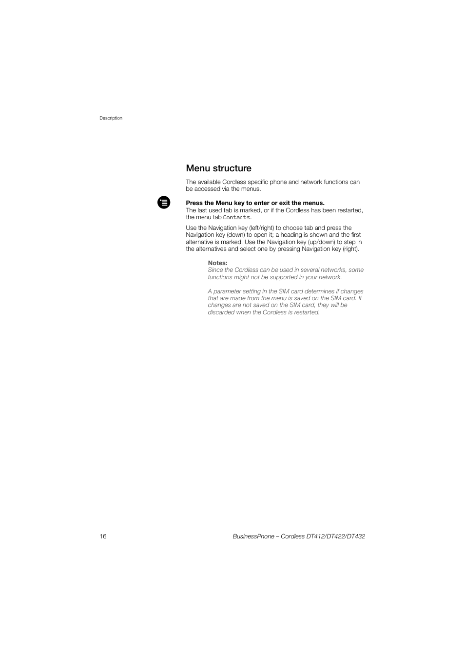Menu structure, Menu, Structure | Ection | AASTRA DT4x2 for BusinessPhone User Guide EN User Manual | Page 16 / 130