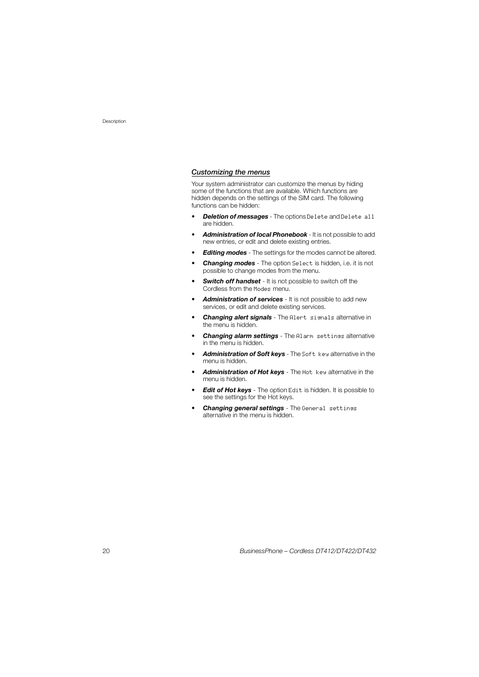 Customizing the menus | AASTRA DT4x2 for BusinessPhone User Guide EN User Manual | Page 20 / 130