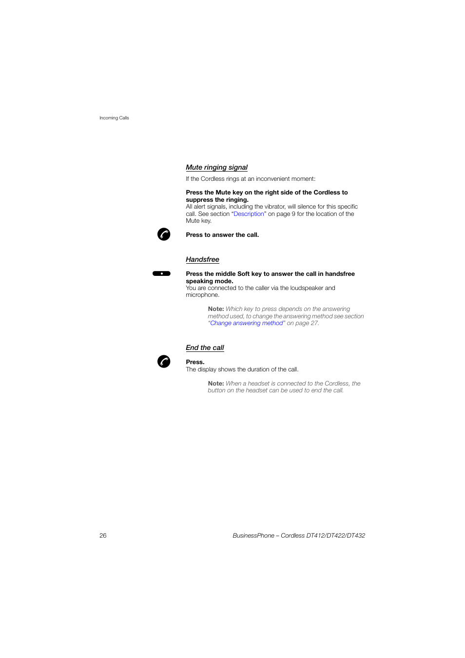 Mute ringing signal, Handsfree, End the call | AASTRA DT4x2 for BusinessPhone User Guide EN User Manual | Page 26 / 130