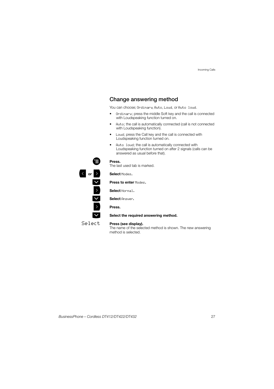 Change answering method | AASTRA DT4x2 for BusinessPhone User Guide EN User Manual | Page 27 / 130
