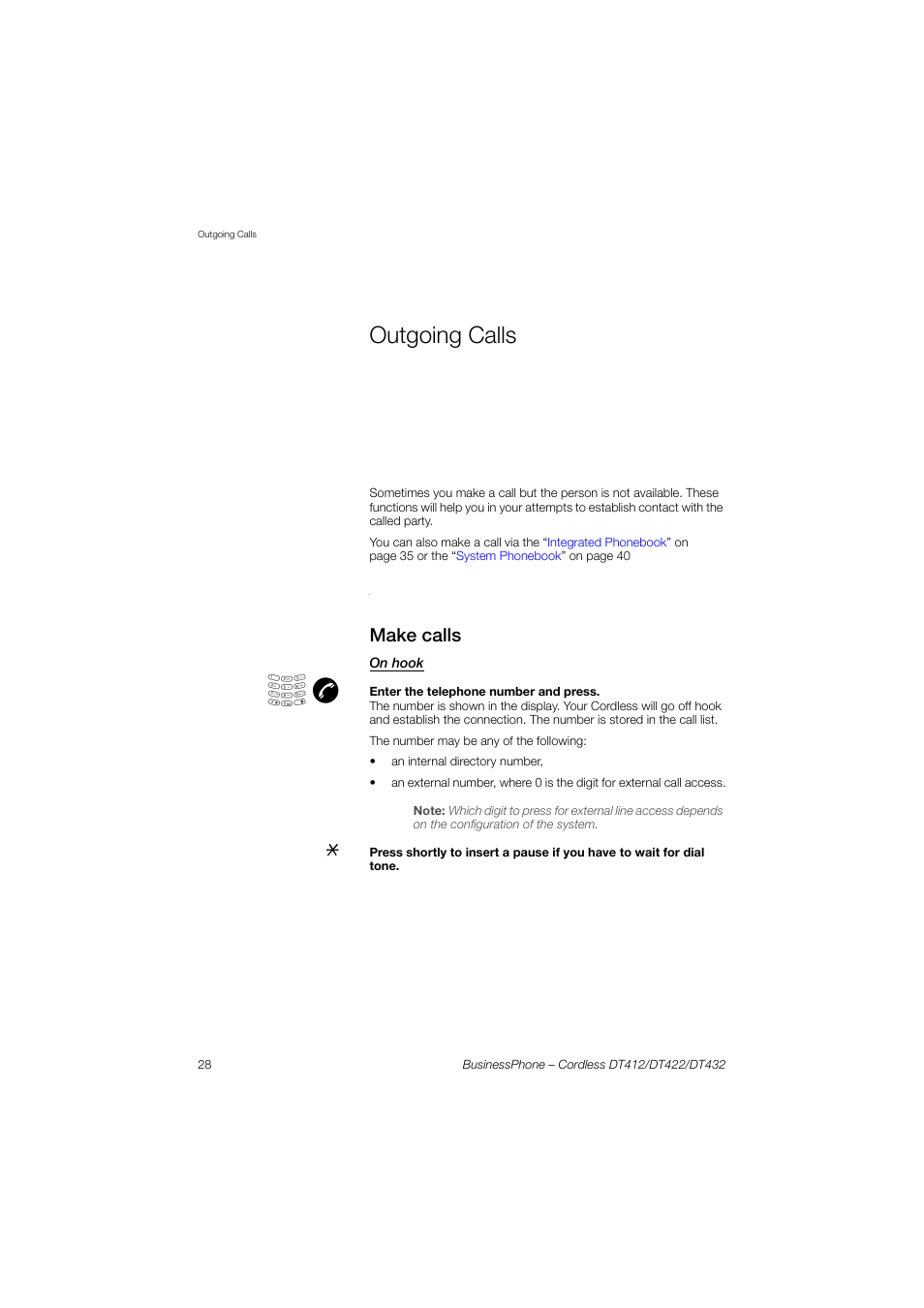 Outgoing calls, Make calls | AASTRA DT4x2 for BusinessPhone User Guide EN User Manual | Page 28 / 130