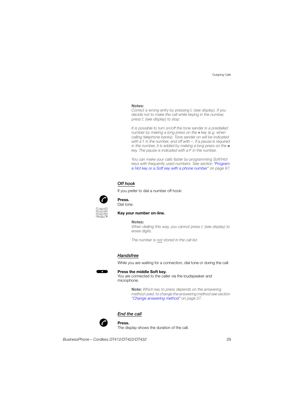 Off hook, Handsfree, End the call | AASTRA DT4x2 for BusinessPhone User Guide EN User Manual | Page 29 / 130