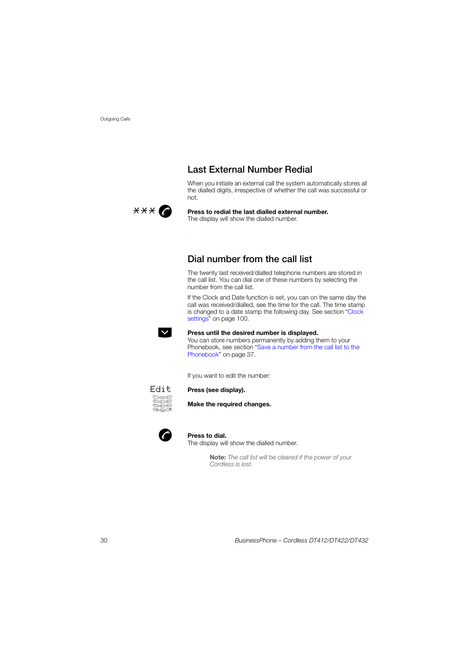 Last external number redial, Dial number from the call list | AASTRA DT4x2 for BusinessPhone User Guide EN User Manual | Page 30 / 130