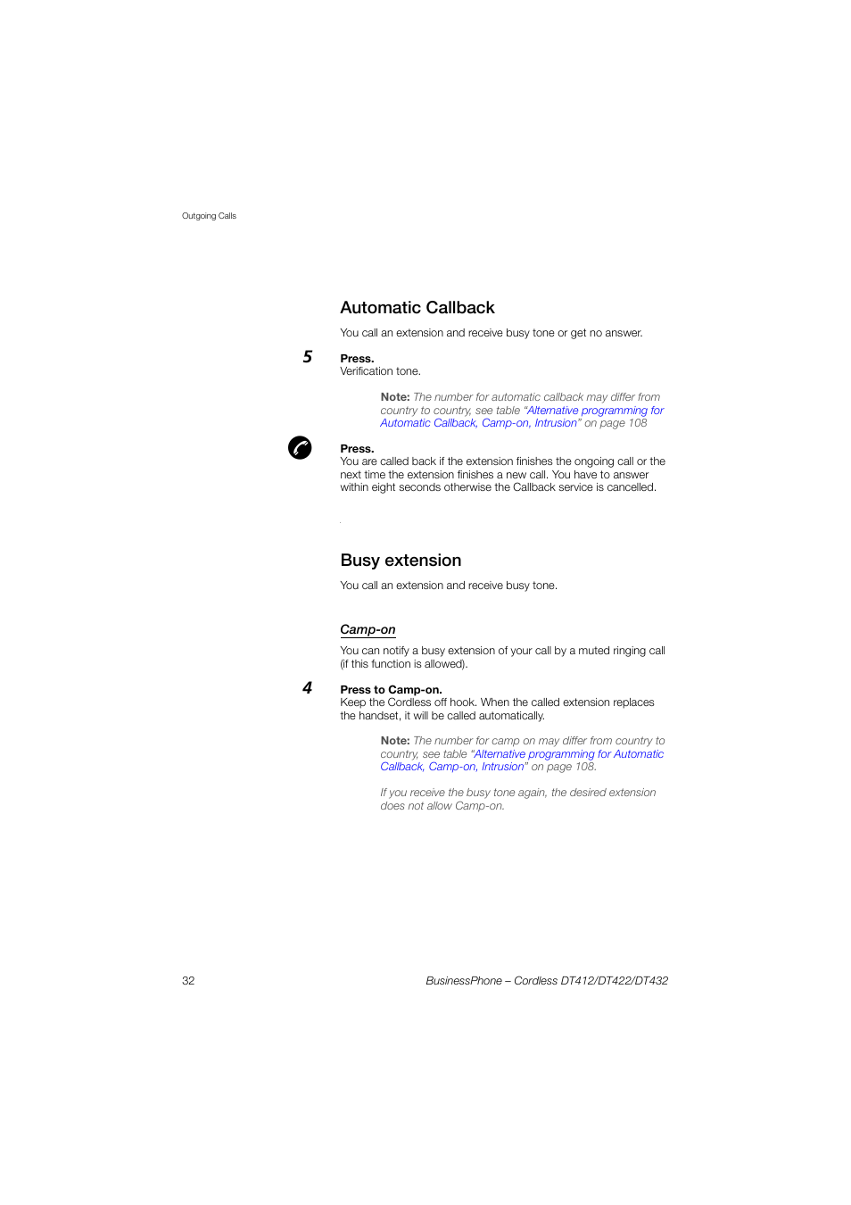 Automatic callback, Busy extension, Camp-on | AASTRA DT4x2 for BusinessPhone User Guide EN User Manual | Page 32 / 130