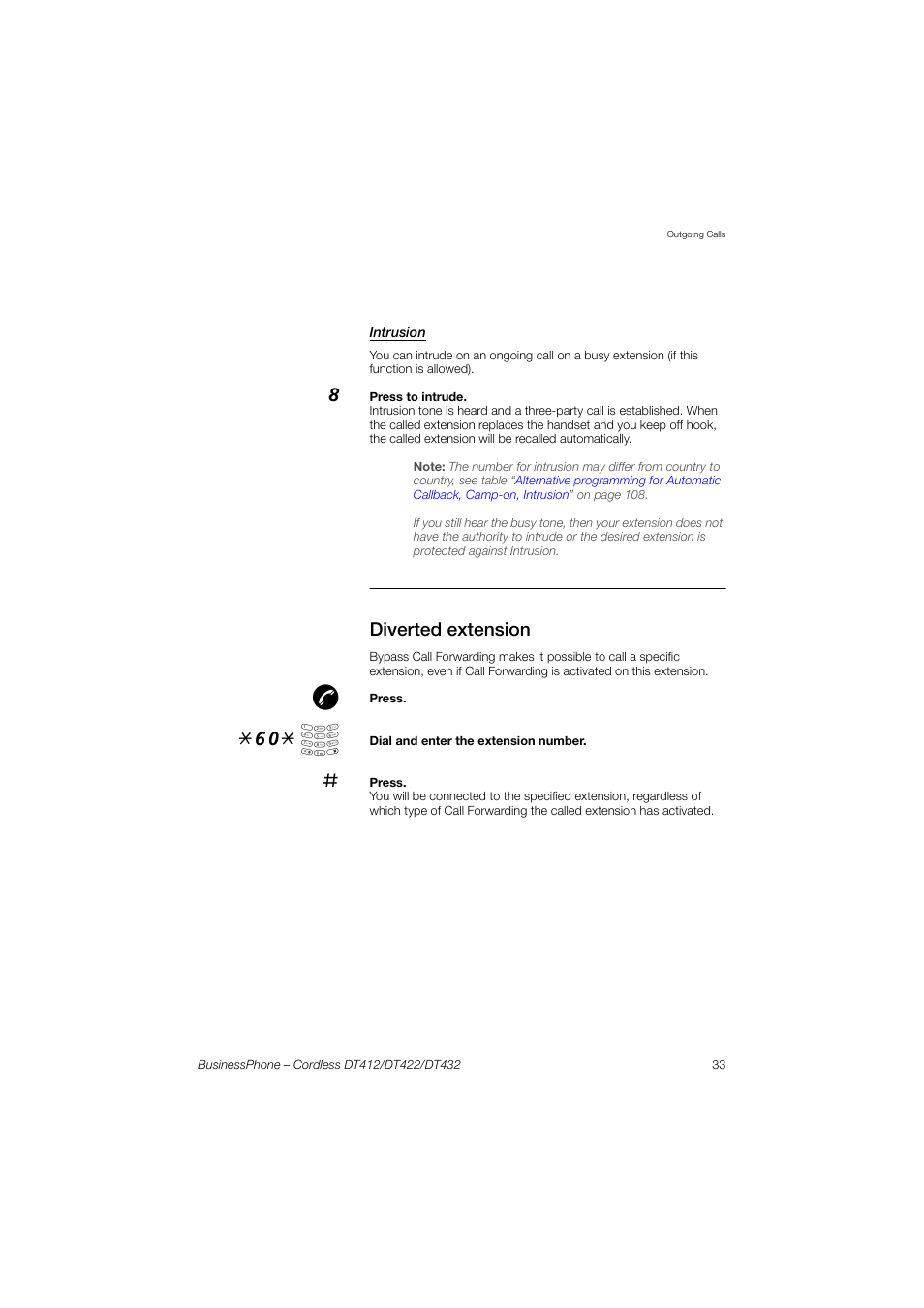Intrusion, Diverted extension, 60* å | AASTRA DT4x2 for BusinessPhone User Guide EN User Manual | Page 33 / 130