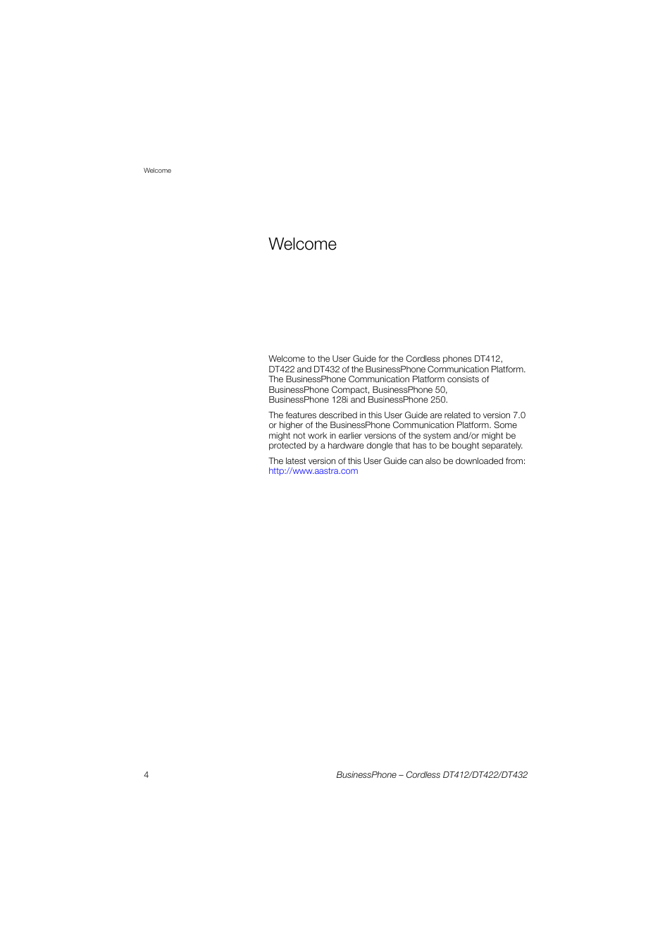 Welcome | AASTRA DT4x2 for BusinessPhone User Guide EN User Manual | Page 4 / 130