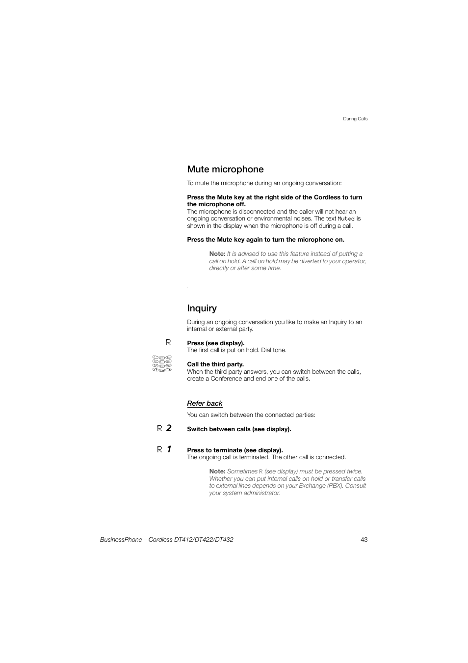 Mute microphone, Inquiry, Refer back | AASTRA DT4x2 for BusinessPhone User Guide EN User Manual | Page 43 / 130