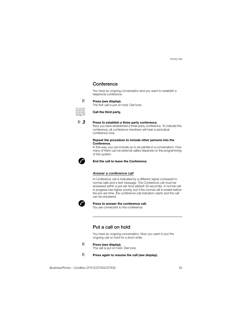 Conference, Answer a conference call, Put a call on hold | AASTRA DT4x2 for BusinessPhone User Guide EN User Manual | Page 45 / 130