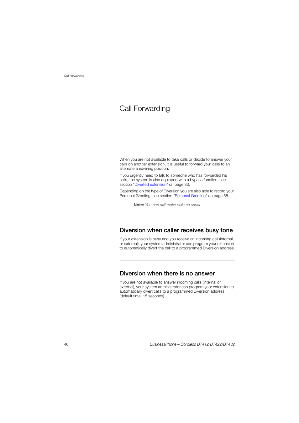 Call forwarding, Diversion when caller receives busy tone, Diversion when there is no answer | AASTRA DT4x2 for BusinessPhone User Guide EN User Manual | Page 46 / 130