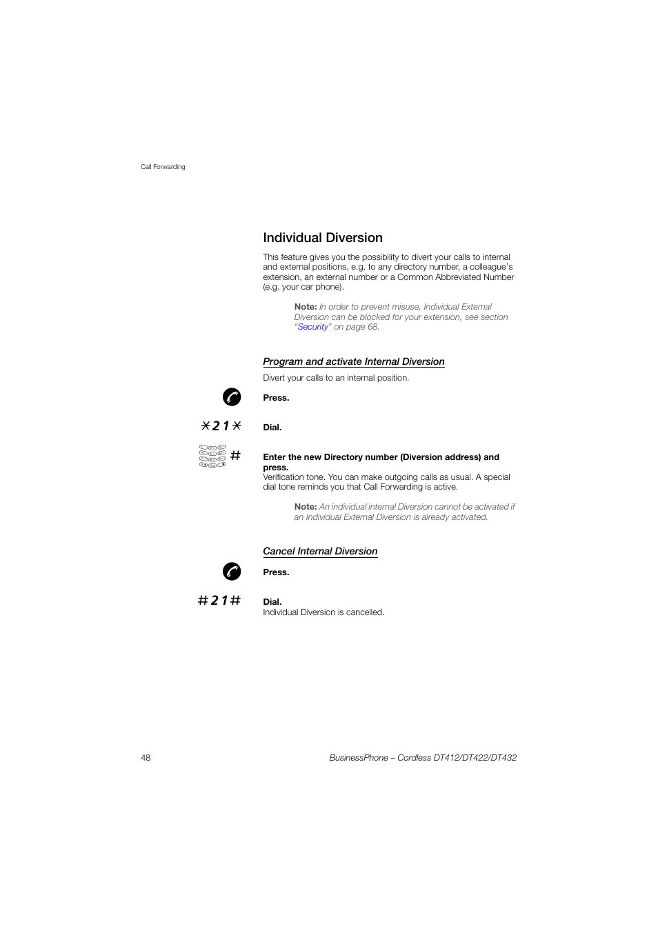 Individual diversion, Program and activate internal diversion, Cancel internal diversion | AASTRA DT4x2 for BusinessPhone User Guide EN User Manual | Page 48 / 130