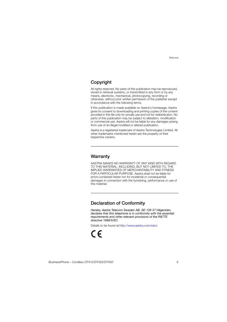 Copyright, Warranty, Declaration of conformity | AASTRA DT4x2 for BusinessPhone User Guide EN User Manual | Page 5 / 130