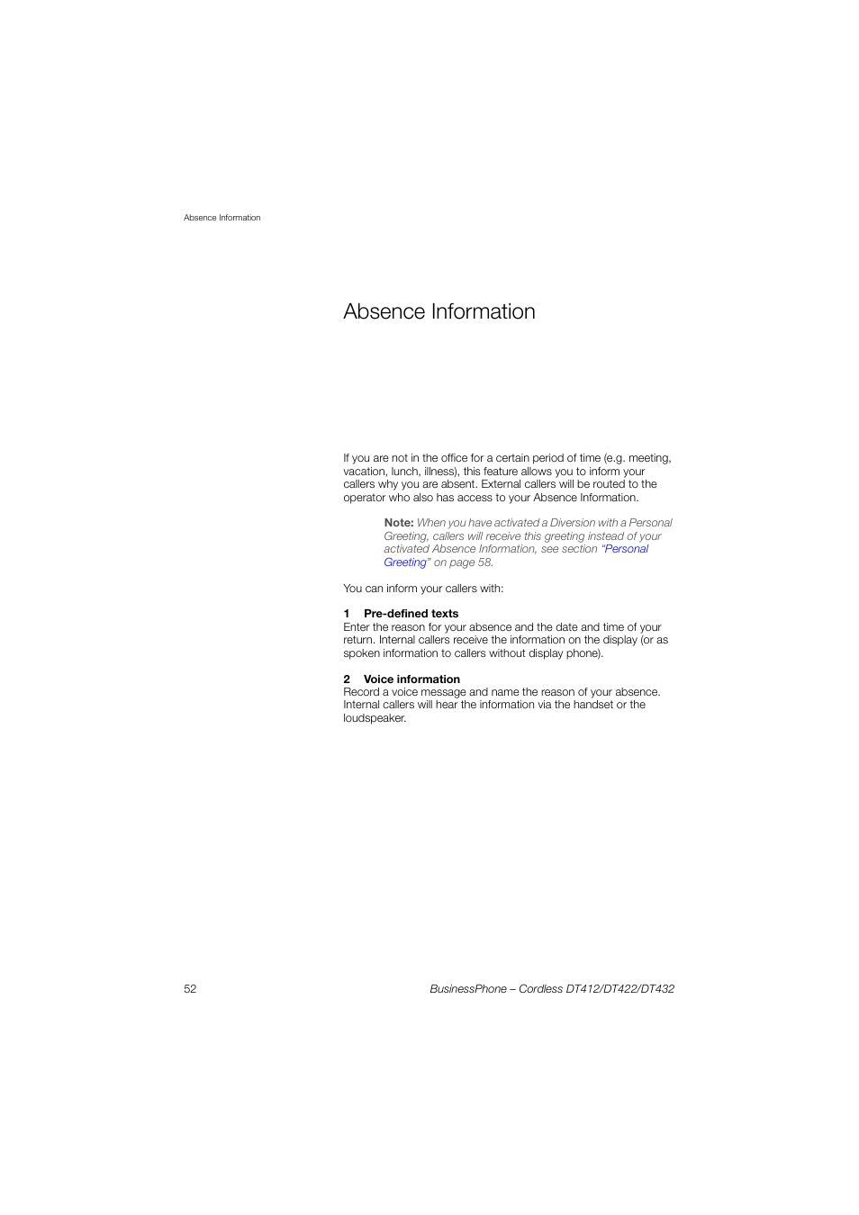 Absence information | AASTRA DT4x2 for BusinessPhone User Guide EN User Manual | Page 52 / 130