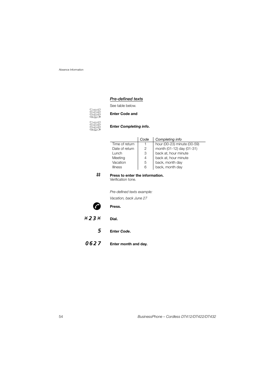 Pre-defined texts | AASTRA DT4x2 for BusinessPhone User Guide EN User Manual | Page 54 / 130