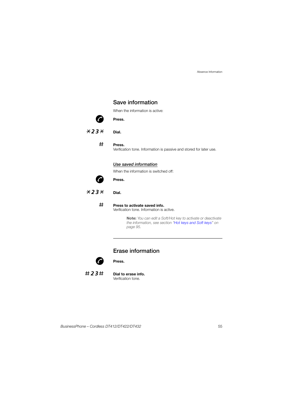 Save information, Use saved information, Erase information | AASTRA DT4x2 for BusinessPhone User Guide EN User Manual | Page 55 / 130