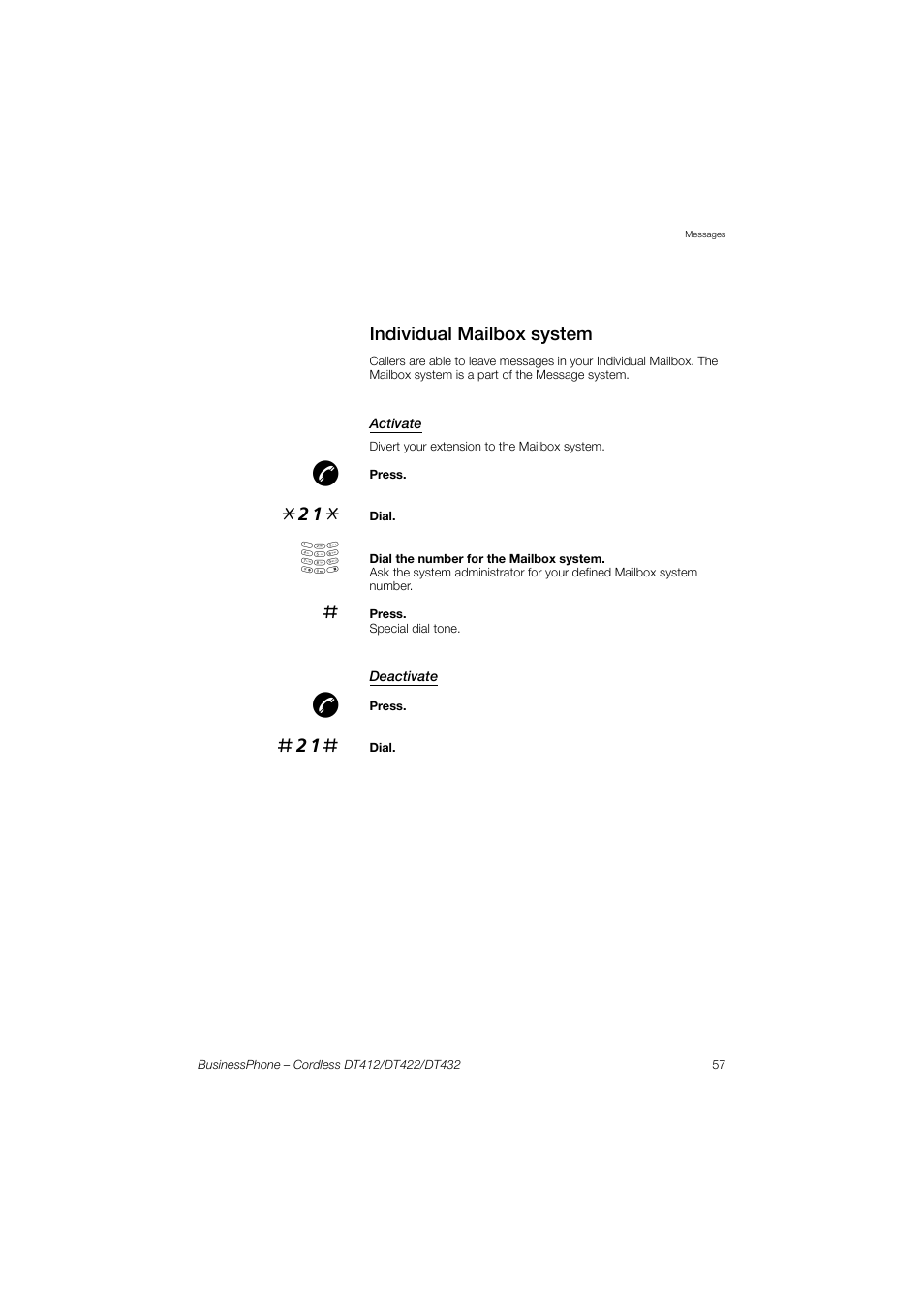 Individual mailbox system, Activate, Deactivate | AASTRA DT4x2 for BusinessPhone User Guide EN User Manual | Page 57 / 130