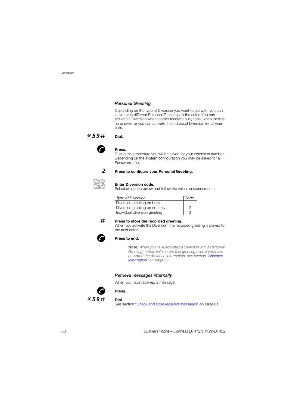 Personal greeting, Retrieve messages internally, See section | Section, Personal, Greeting | AASTRA DT4x2 for BusinessPhone User Guide EN User Manual | Page 58 / 130