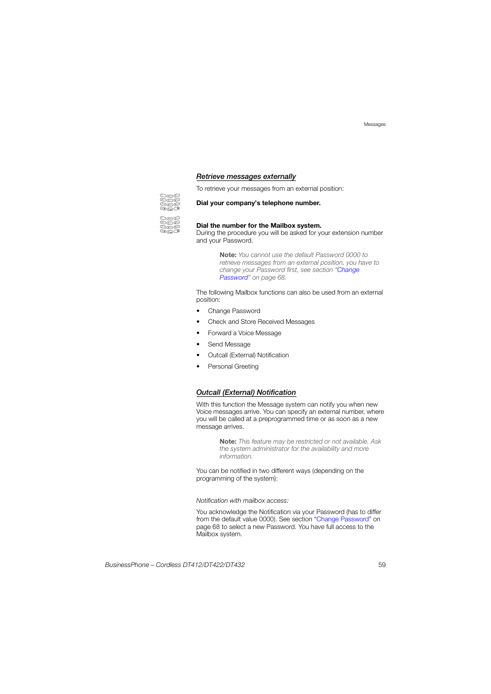 Retrieve messages externally, Outcall (external) notification | AASTRA DT4x2 for BusinessPhone User Guide EN User Manual | Page 59 / 130